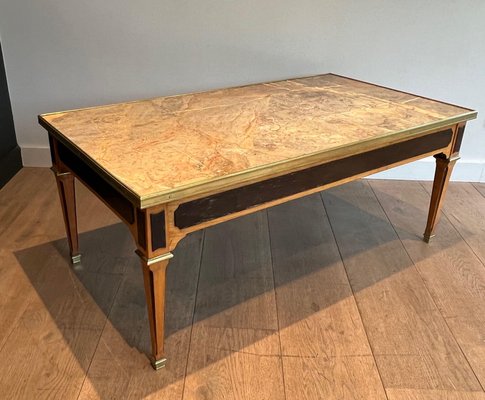 Neoclassical Coffee Table in Patinated Wood and Brass with Marble Top, 1940s-BA-2020893