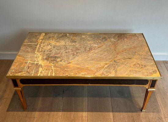 Neoclassical Coffee Table in Patinated Wood and Brass with Marble Top, 1940s-BA-2020893