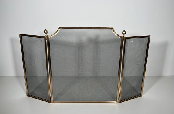 Neoclassical Fire Screen in Brushed Steel, Brass and Wire Mesh in the style of the Maison Jansen, 1940s-BA-1780968