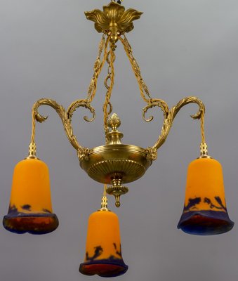 Neoclassical French Bronze Chandelier in Pate De Verre Glass by Jean Noverdy-KEG-1065531