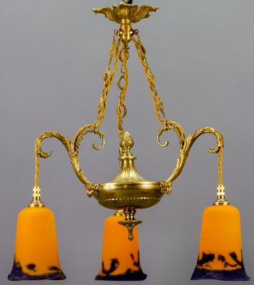 Neoclassical French Bronze Chandelier in Pate De Verre Glass by Jean Noverdy-KEG-1065531