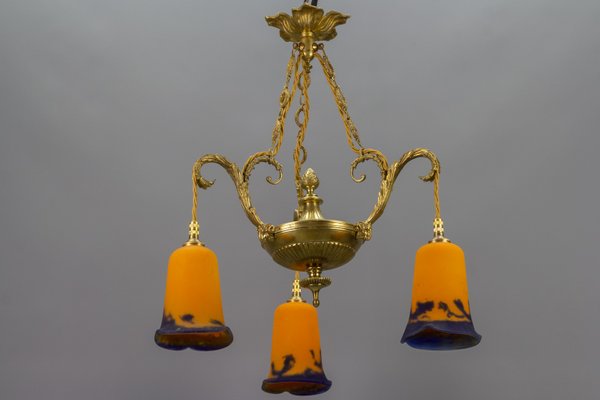 Neoclassical French Bronze Chandelier in Pate De Verre Glass by Jean Noverdy-KEG-1065531