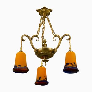 Neoclassical French Bronze Chandelier in Pate De Verre Glass by Jean Noverdy-KEG-1065531