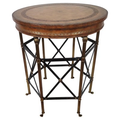 Neoclassical Hollywood Regency Side Table in Brass, Metal & Tooled Leather Top-EUP-1241587