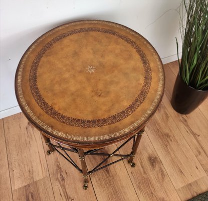 Neoclassical Hollywood Regency Side Table in Brass, Metal & Tooled Leather Top-EUP-1241587