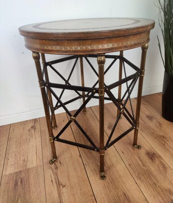 Neoclassical Hollywood Regency Side Table in Brass, Metal & Tooled Leather Top-EUP-1241587