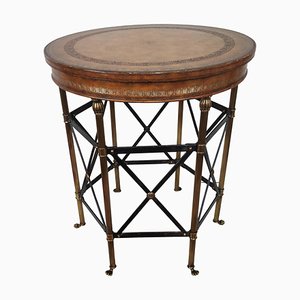 Neoclassical Hollywood Regency Side Table in Brass, Metal & Tooled Leather Top-EUP-1241587