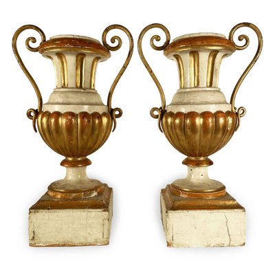 Neoclassical Italian Vases Lacquered Ivory and Gilded Iron Handles, 1780s, Set of 2-TBU-2041299