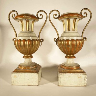 Neoclassical Italian Vases Lacquered Ivory and Gilded Iron Handles, 1780s, Set of 2-TBU-2041299