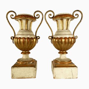 Neoclassical Italian Vases Lacquered Ivory and Gilded Iron Handles, 1780s, Set of 2-TBU-2041299