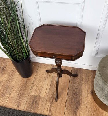 Neoclassical Italian Walnut Inlay Octagonal Tripod Side Table, 1950s-EUP-1820402