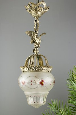 Neoclassical Style Bronze and Frosted Glass Pendant Light with an Eagle, 1920s-KEG-702687