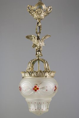 Neoclassical Style Bronze and Frosted Glass Pendant Light with an Eagle, 1920s-KEG-702687