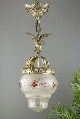 Neoclassical Style Bronze and Frosted Glass Pendant Light with an Eagle, 1920s-KEG-702687