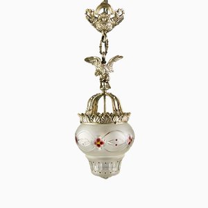 Neoclassical Style Bronze and Frosted Glass Pendant Light with an Eagle, 1920s-KEG-702687