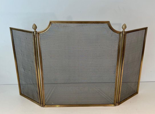 Neoclassical Style Fire Screen in Brushed Steel, Brass and Mesh in the style of Maison Jansen, 1940s-BA-1784738