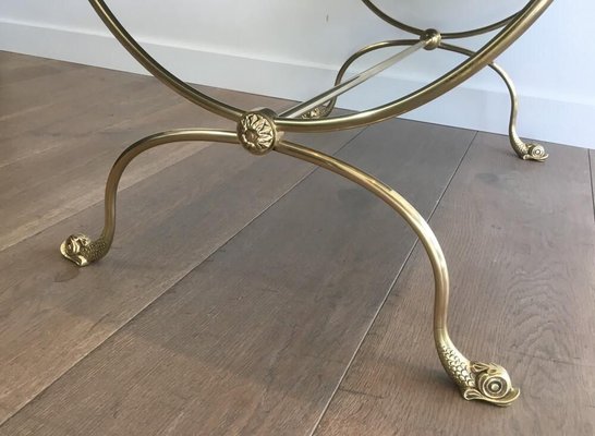 Neoclassical Style French Brass Coffee Table with Dolphins Heads and Mirror Top from Maison Jansen, 1940s-BA-913322