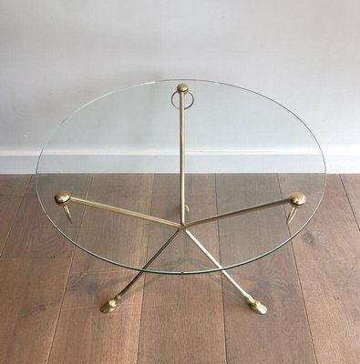 Neoclassical Style Round Brass Tripod Coffee Table with Doe Feet and Glass Top from Maison Jansen, France, 1960s-BA-954265