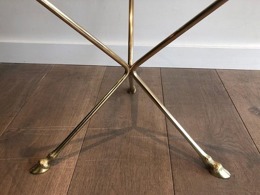 Neoclassical Style Round Brass Tripod Coffee Table with Doe Feet and Glass Top from Maison Jansen, France, 1960s-BA-954265