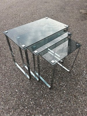 Nesting Table in Glass and Chrome, 1970s, Set of 3-AVC-2018473