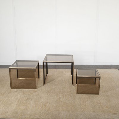 Nesting Tables in ​​Brass and Smoked Glass by Renato Zevi, 1960s-1970s, Set of 3-JQO-1726150