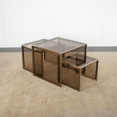 Nesting Tables in ​​Brass and Smoked Glass by Renato Zevi, 1960s-1970s, Set of 3-JQO-1726150