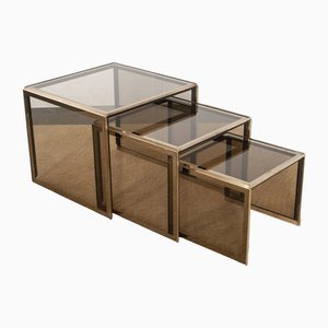 Nesting Tables in ​​Brass and Smoked Glass by Renato Zevi, 1960s-1970s, Set of 3-JQO-1726150