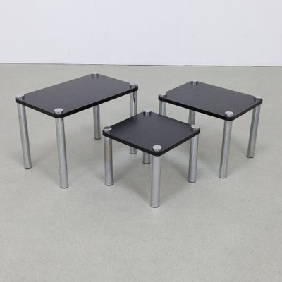 Nesting Tables in Chrome and Wood, 1970s, Set of 3-RZV-1756906