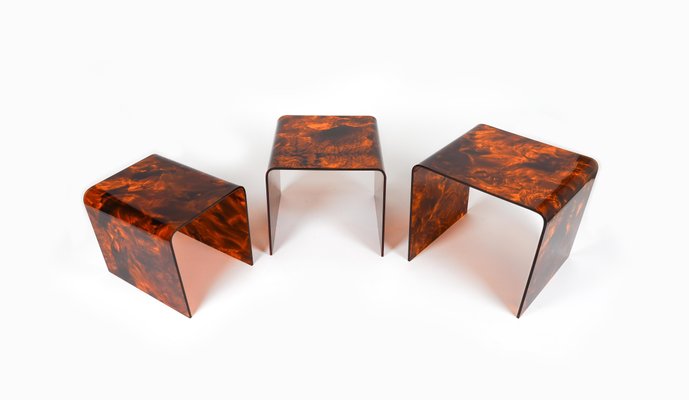 Nesting Tables in Faux Tortoiseshell Acrylic Glass in the style of Christian Dior, Italy, 1970s, Set of 3-LYQ-1729864