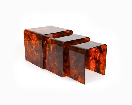 Nesting Tables in Faux Tortoiseshell Acrylic Glass in the style of Christian Dior, Italy, 1970s, Set of 3-LYQ-1729864