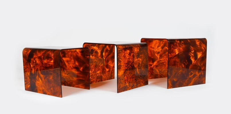 Nesting Tables in Faux Tortoiseshell Acrylic Glass in the style of Christian Dior, Italy, 1970s, Set of 3-LYQ-1729864