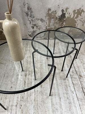 Nesting Tables in Metal & Glass, 1950s, Set of 3-LCU-1402981