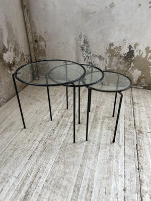 Nesting Tables in Metal & Glass, 1950s, Set of 3-LCU-1402981