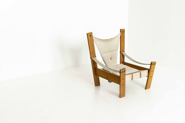 Netherland Easy Chair in Pinewood & Canvas with Stool by John De Haard for Gebroeders Jonkers Noordwolde, Set of 2-UQV-1279077