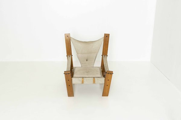 Netherland Easy Chair in Pinewood & Canvas with Stool by John De Haard for Gebroeders Jonkers Noordwolde, Set of 2-UQV-1279077