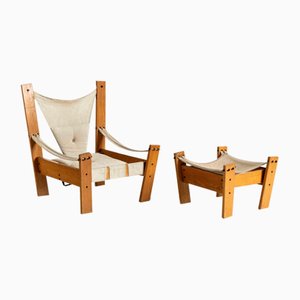 Netherland Easy Chair in Pinewood & Canvas with Stool by John De Haard for Gebroeders Jonkers Noordwolde, Set of 2-UQV-1279077