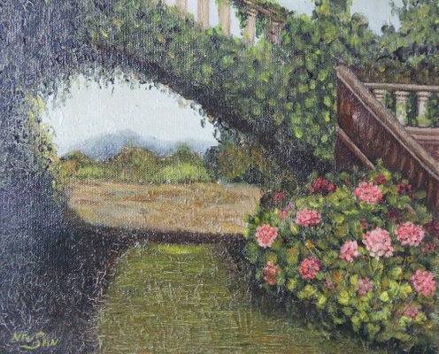 Neu San, The Flowered Bridge in the Garden, Oil on Canvas, Framed-ZYI-1338537