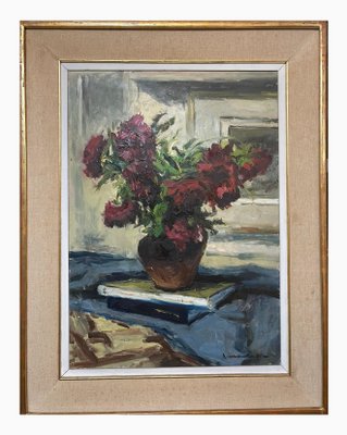 Nicola Sponza, Flowers, Oil Painting on Canvas, 20th Century, Framed-PKM-1718781