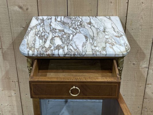 Nightstand in Marquetry and White Marble, Early 20th Century-QYF-1785261