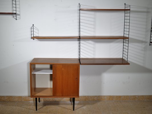 Nisse String Wall Shelf with Sideboard Made of Nut Wood by Kajsa & Nils Strinning, 1960 from String, Set of 8-LVS-1724936