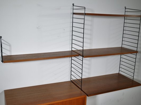 Nisse String Wall Shelf with Sideboard Made of Nut Wood by Kajsa & Nils Strinning, 1960 from String, Set of 8-LVS-1724936