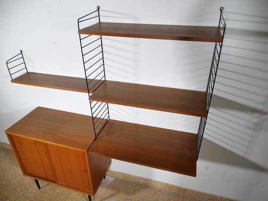 Nisse String Wall Shelf with Sideboard Made of Nut Wood by Kajsa & Nils Strinning, 1960 from String, Set of 8-LVS-1724936