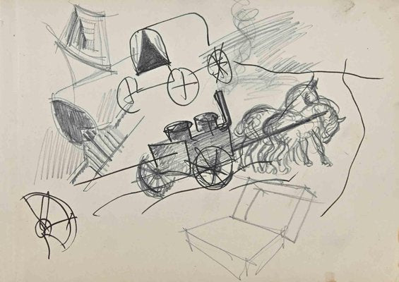 Norbert Meyre, The Carriage, Pencil Drawing, Mid 20th-Century-ZCI-1307014