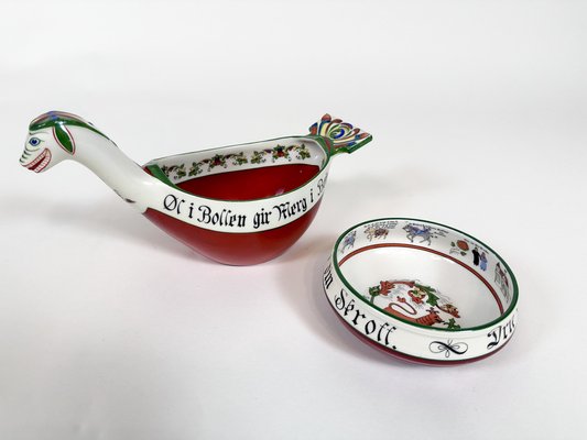 Norwegian Folk Art Drinking Bowl and Viking Dragon Boat-Shaped Ale Bowl with Hand-Painted Decor from Porsgrund Porcelain, 1930s, Set of 2-JP-1794274