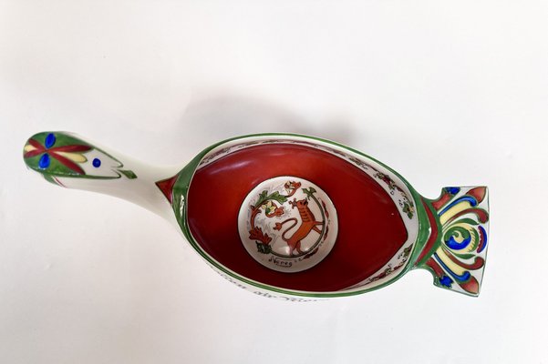 Norwegian Folk Art Drinking Bowl and Viking Dragon Boat-Shaped Ale Bowl with Hand-Painted Decor from Porsgrund Porcelain, 1930s, Set of 2-JP-1794274