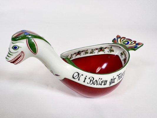 Norwegian Folk Art Drinking Bowl and Viking Dragon Boat-Shaped Ale Bowl with Hand-Painted Decor from Porsgrund Porcelain, 1930s, Set of 2-JP-1794274