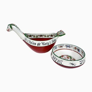 Norwegian Folk Art Drinking Bowl and Viking Dragon Boat-Shaped Ale Bowl with Hand-Painted Decor from Porsgrund Porcelain, 1930s, Set of 2-JP-1794274