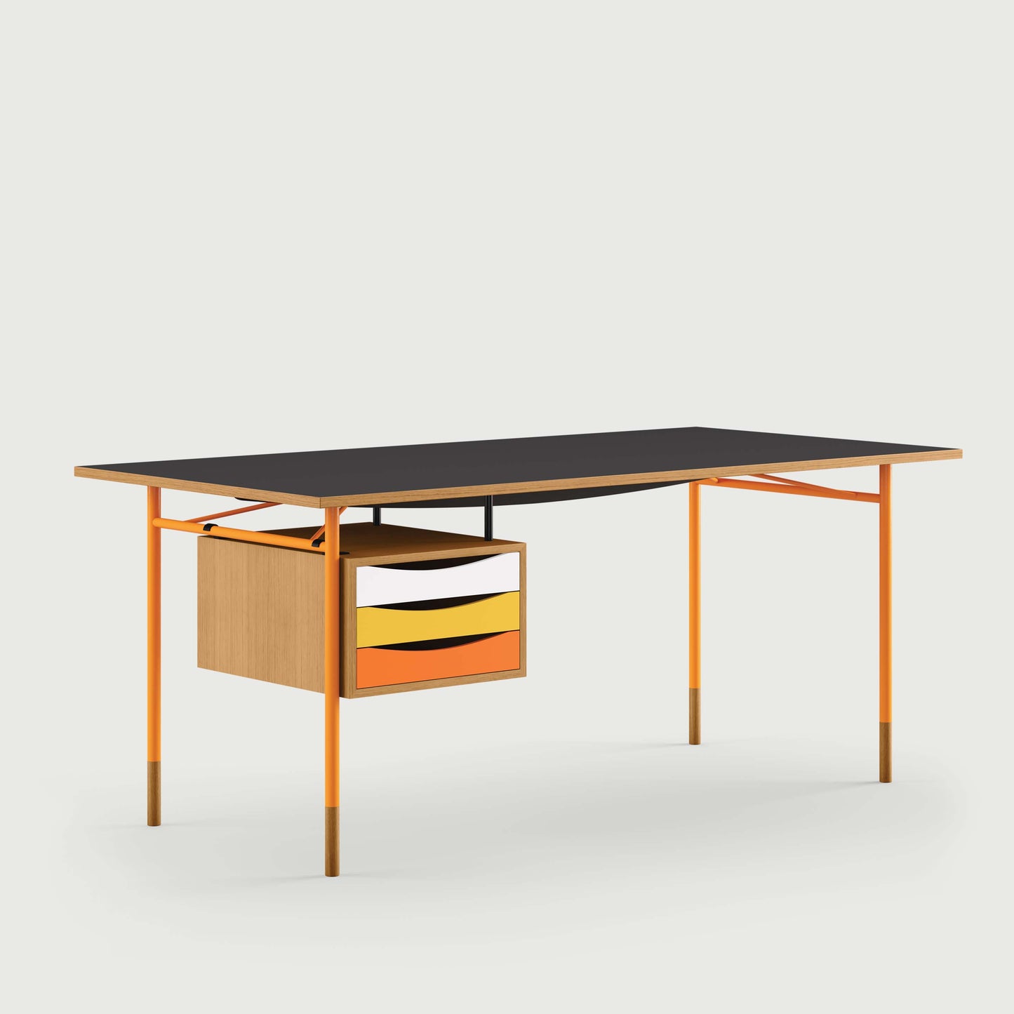 THE NYHAVN DESK W/ TRAY UNIT by House of Finn Juhl #Oak Dark Oil / Black Linoleum/Orange / Warm Colours
