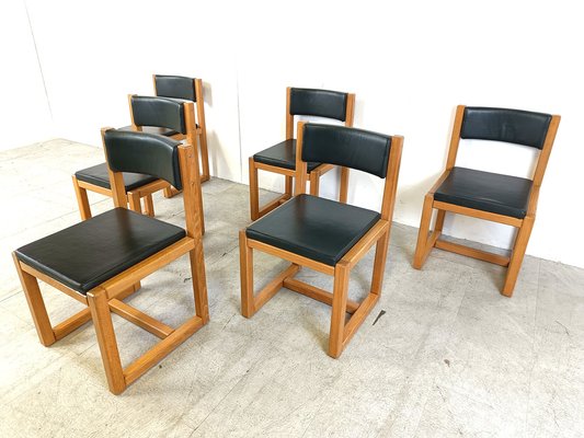 Oak and Leather Dining Chairs, 1970s, Set of 6-IRH-1722563