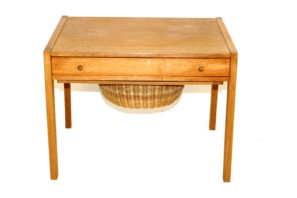 Oak and Rattan Worktable, Denmark, 1960s-GEK-998178